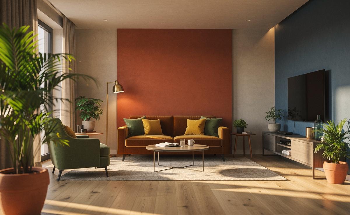 Illustration von einem Wohnzimmer, dessen Farbgestaltung aus Designersicht Wohlbefinden und Glücksgefühle steigert