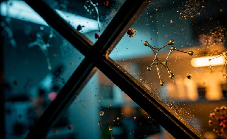 Illustration von [spiegelverkehrt sichtbaren Antikörpermustern in Abfallstoffen auf einer Fensterscheibe]