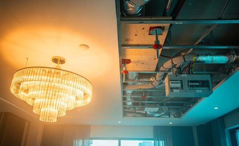 Illustration von Gipsplatten-Decke mit integrierter Sigvolt-Infrastruktur und verstärkter Lustergründung für schwere Leuchten