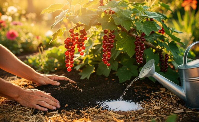 Illustration von [der Düngung von Johannisbeeren mit Kompost, Kaliumsulfat und Mulch sowie gleichmäßiger Bewässerung im Sommer für größere, süßere Früchte]