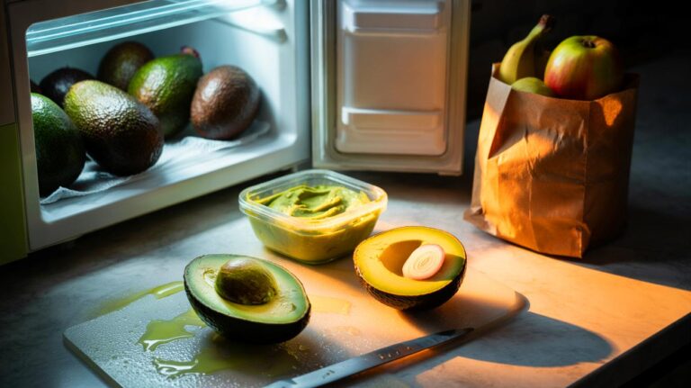 Illustration von der richtigen Lagerung von Avocados, um sie bis zu einer Woche länger frisch zu halten