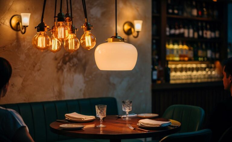Illustration von Retro-Leuchten in warmem Licht, die in einem Restaurant durch Materialität und Farbtemperatur die Wahrnehmung der Gäste prägen